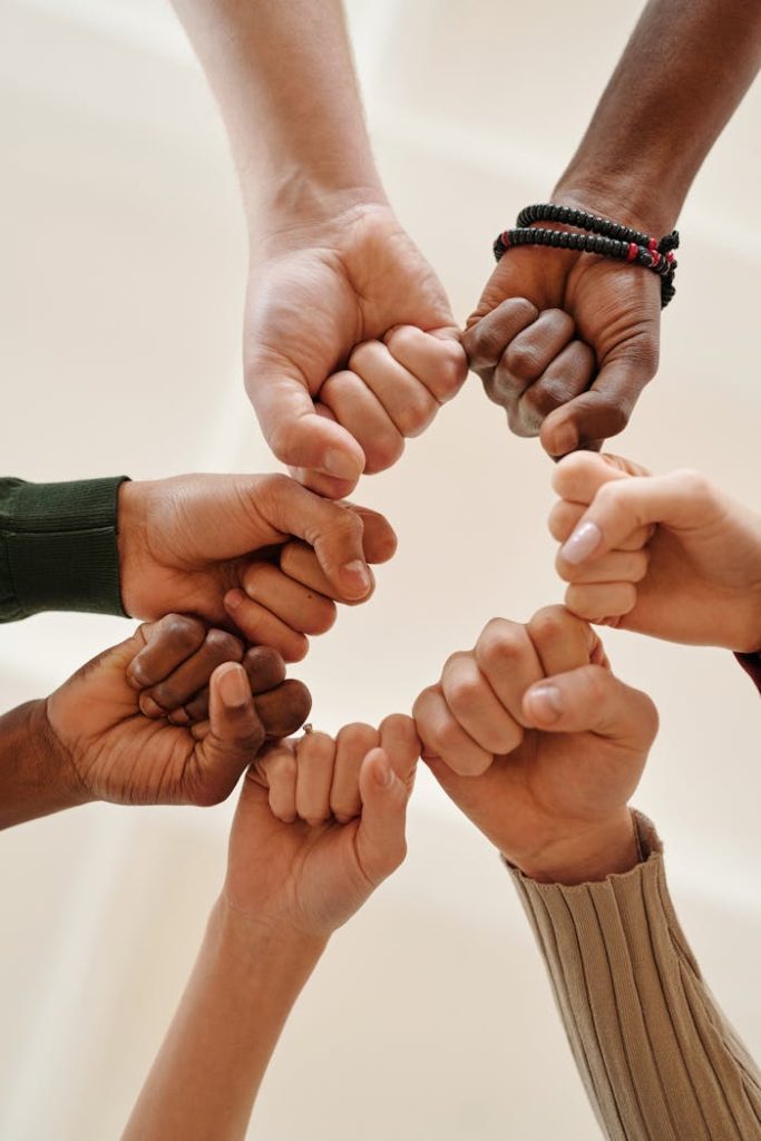 pexels-photo-6146704 Hands of diverse people fist bumping, symbolizing unity and teamwork.